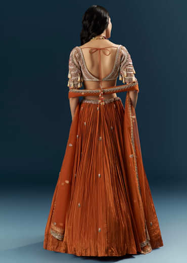 Orange Crepe Bridesmaid Lehenga With Moti And Cutdana Embroidery