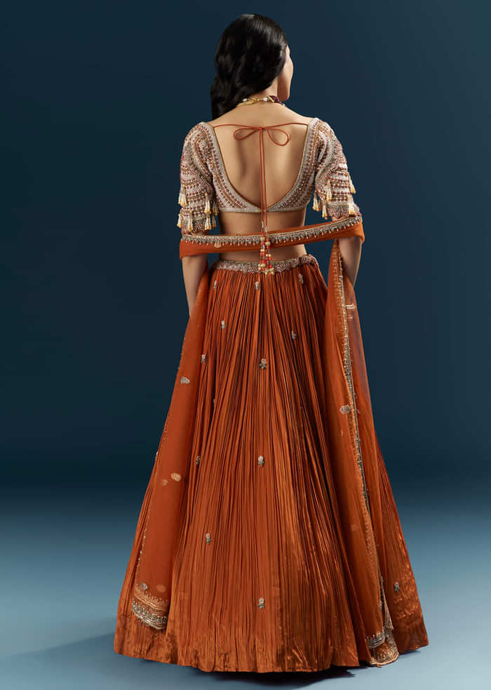 Orange Crepe Bridesmaid Lehenga With Moti And Cutdana Embroidery