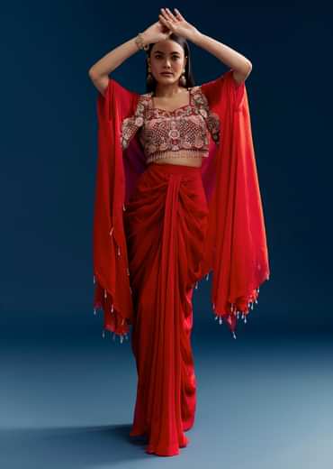 Orange Crop Top Skirt Set With Embroidered Cape