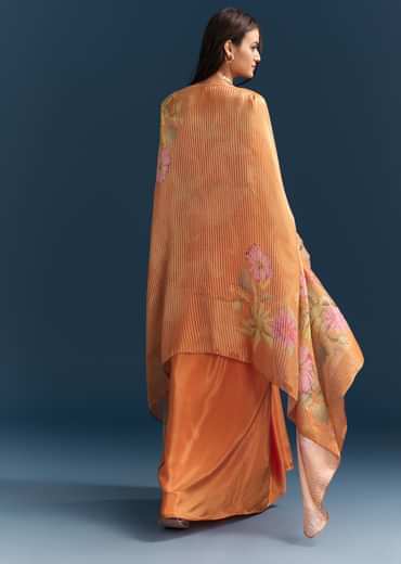 Orange Crop Top Skirt With Floral Cape And Embroidery Accents