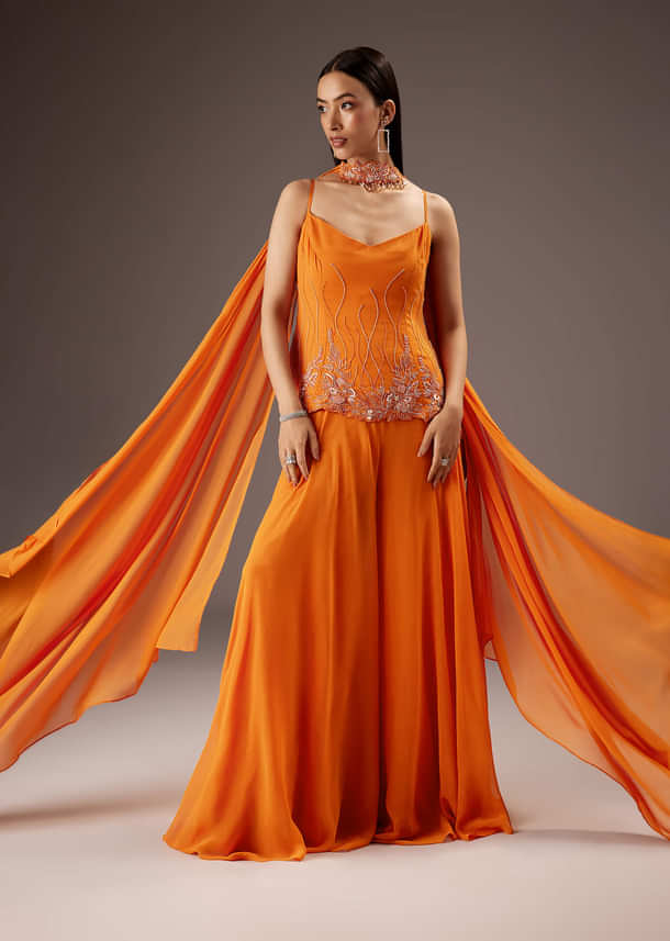 Orange Georgette Palazzo Suit With Heavy Embroidery Orange Georgette Palazzo Suit With Heavy Embroidery