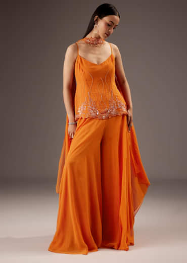 Orange Georgette Palazzo Suit With Heavy Embroidery