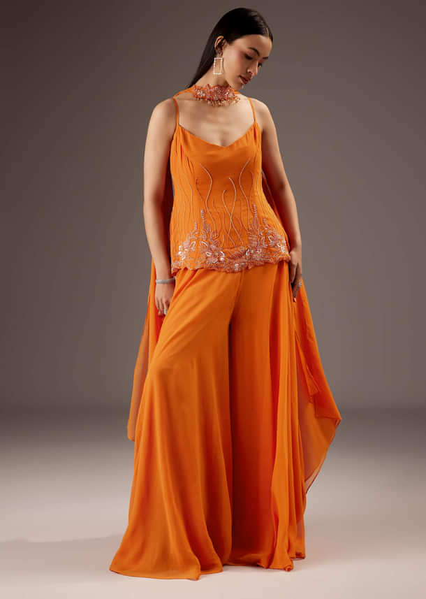 Orange Georgette Palazzo Suit With Heavy Embroidery Orange Georgette Palazzo Suit With Heavy Embroidery