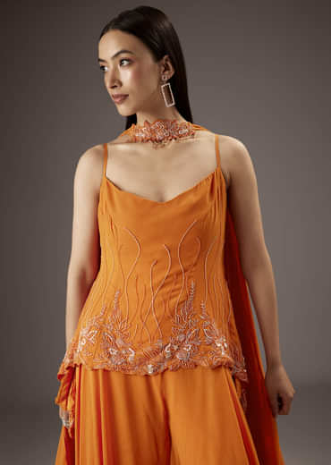 Orange Georgette Palazzo Suit With Heavy Embroidery