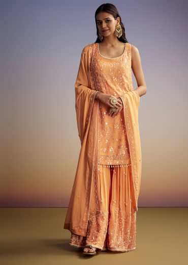 Orange Georgette Sharara Suit With Embroidered Kurta And Dupatta