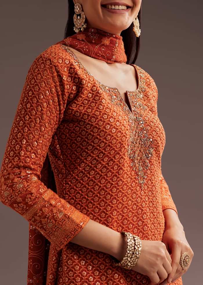 Orange Lucknowi Mirror Zardosi Kurta Palazzo Dupatta Set