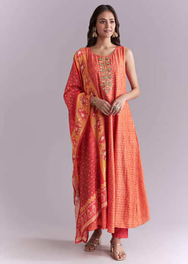 Orange Muslin Anarkali Suit With Indie Print