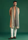 Orange Ombre Silk Kurta Set For Men With Diamond Pattern