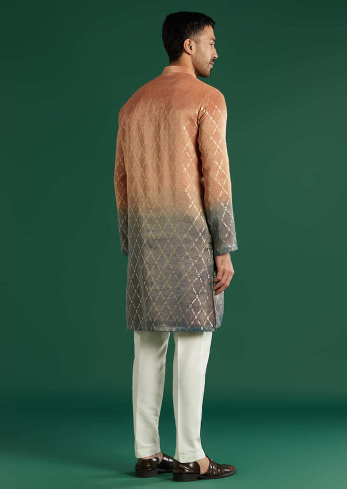 Orange Ombre Silk Kurta Set For Men With Diamond Pattern