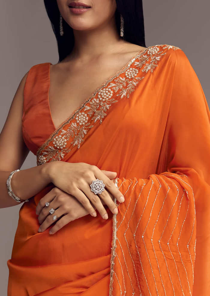 Orange Organza Saree With Zigzag Sequins And Cut Dana Embroidery