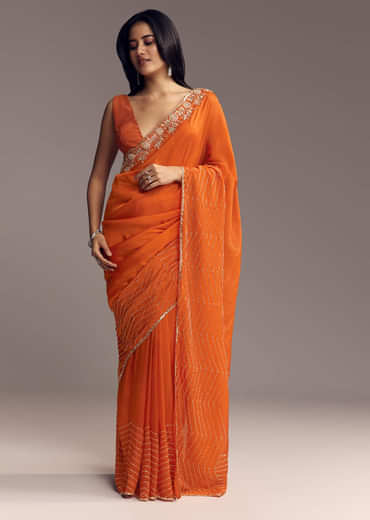 Orange Organza Saree With Zigzag Sequins And Cut Dana Embroidery