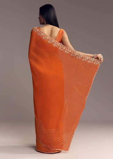 Orange Organza Saree With Zigzag Sequins And Cut Dana Embroidery