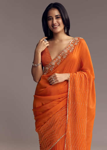 Orange Organza Saree With Zigzag Sequins And Cut Dana Embroidery