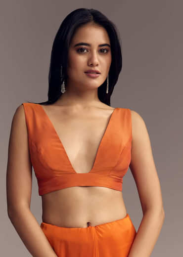 Orange Organza Saree With Zigzag Sequins And Cut Dana Embroidery