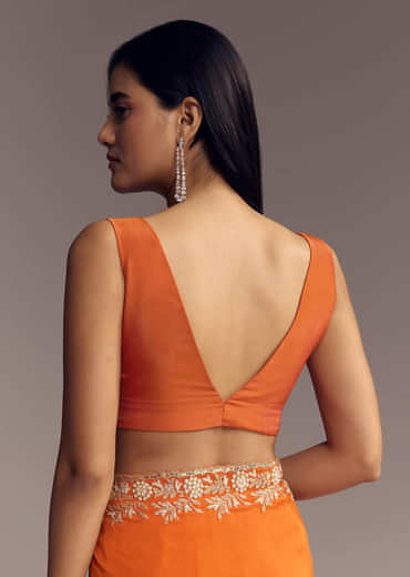 Orange Organza Saree With Zigzag Sequins And Cut Dana Embroidery