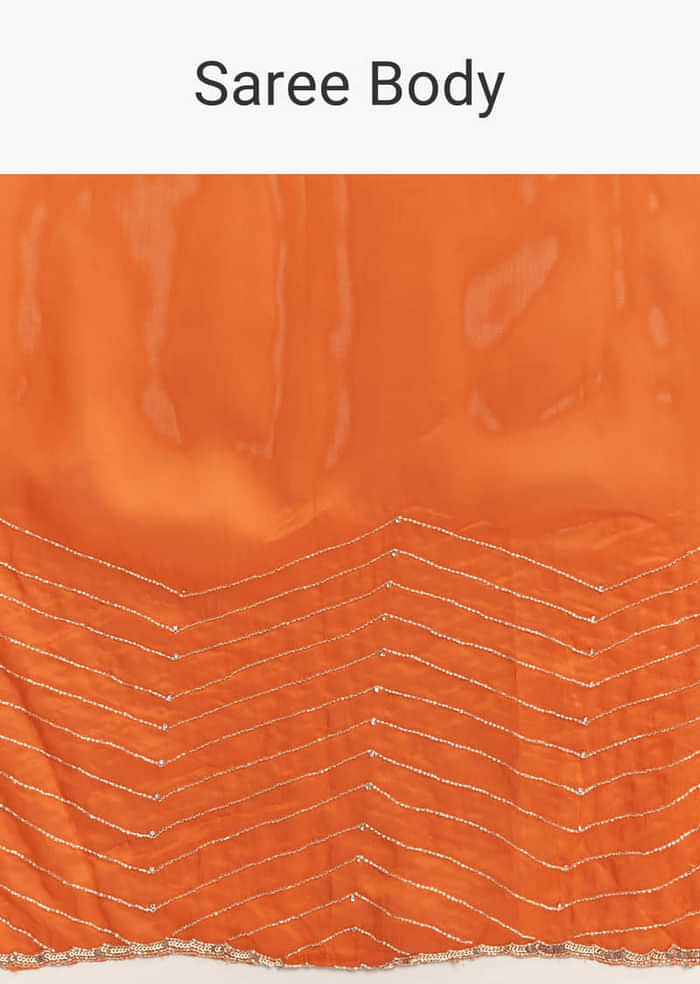 Orange Organza Saree With Zigzag Sequins And Cut Dana Embroidery