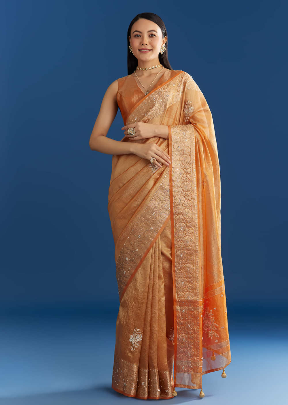 Orange Organza Tissue Saree With Zari Brocade Border