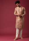 Orange Printed Kurta Set In Silk