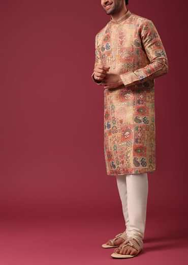 Orange Printed Kurta Set In Silk