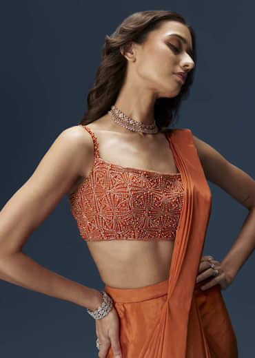 Orange Ready Pleated Saree With Square Neck Blouse