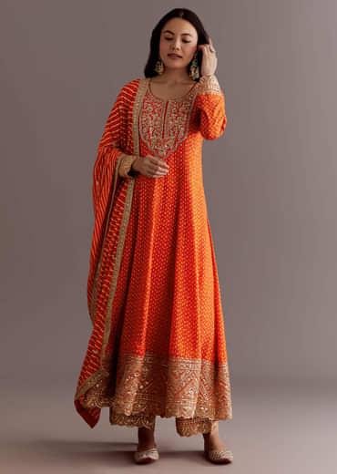 Orange Russian Silk Bandhani Anarkali Dupatta Suit