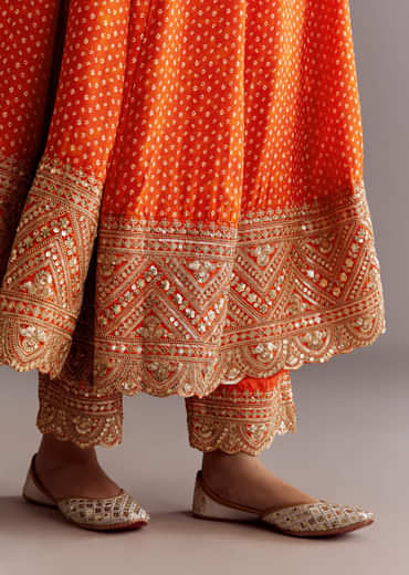 Orange Russian Silk Bandhani Anarkali Dupatta Suit