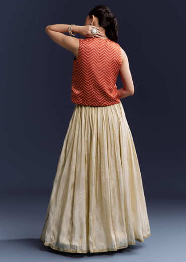 Orange Satin Festive Lehenga With Hand Dyed Chevron Print Jacket