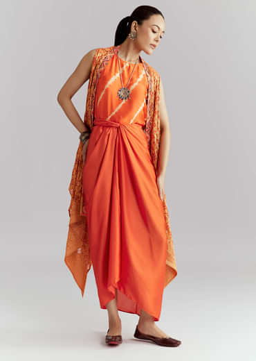 Orange Silk Crop Top And Wrap Skirt Set With Bandhani Print