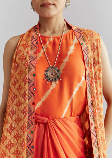 Orange Silk Crop Top And Wrap Skirt Set With Bandhani Print