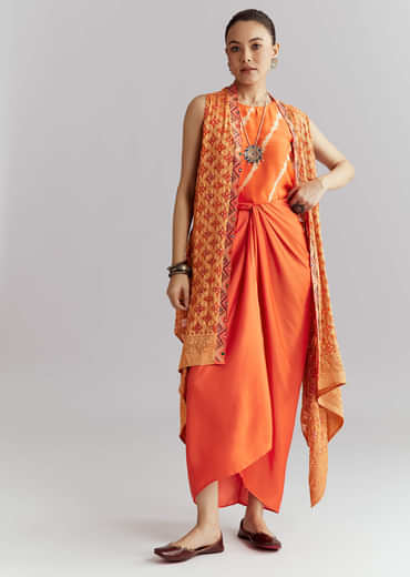 Orange Silk Crop Top And Wrap Skirt Set With Bandhani Print