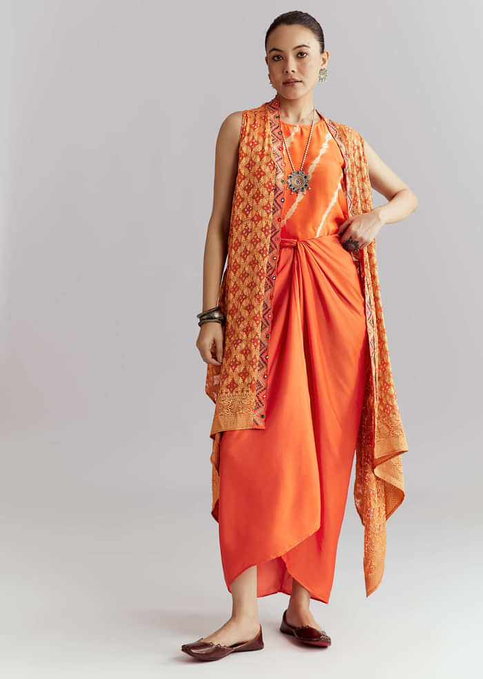 Orange Silk Crop Top And Wrap Skirt Set With Bandhani banarasi jacket