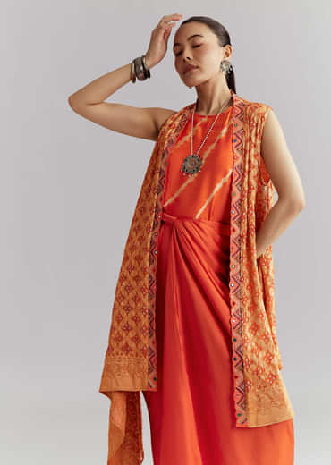 Orange Silk Crop Top And Wrap Skirt Set With Bandhani Print