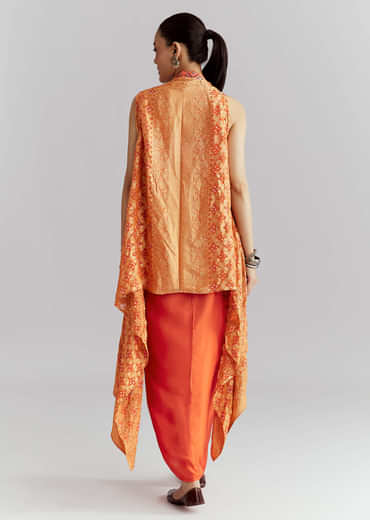 Orange Silk Crop Top And Wrap Skirt Set With Bandhani Print