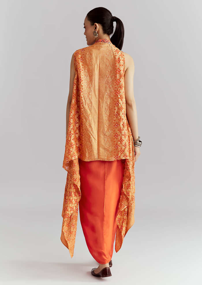 Orange Silk Crop Top And Wrap Skirt Set With Bandhani banarasi jacket