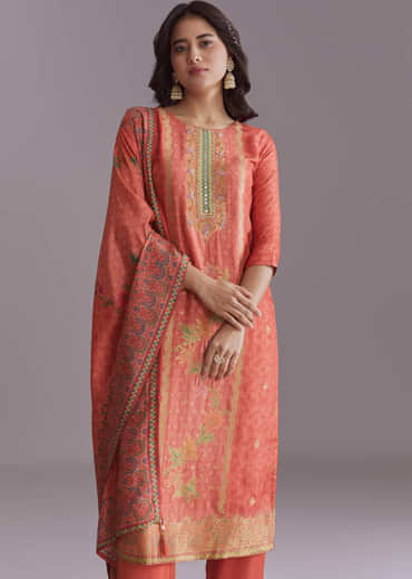 Orange Silk Kurta Set With Floral Print