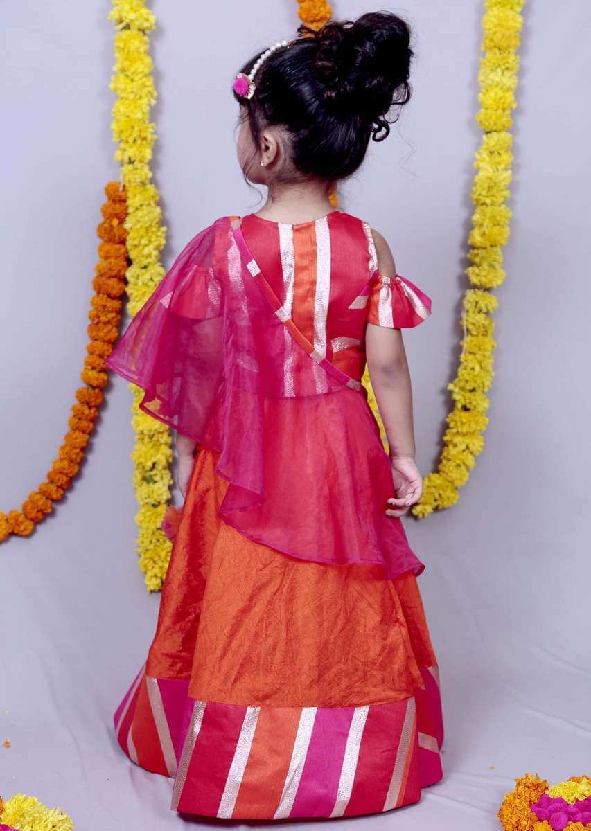 Orange Skirt With Multi Color Blouse And Pre Stitched Dupatta Online - Kalki Fashion