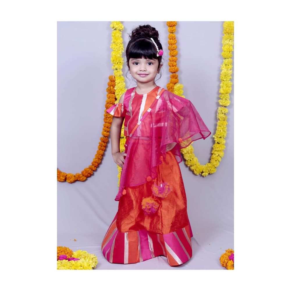 Orange Skirt With Multi Color Blouse And Pre Stitched Dupatta Online - Kalki Fashion