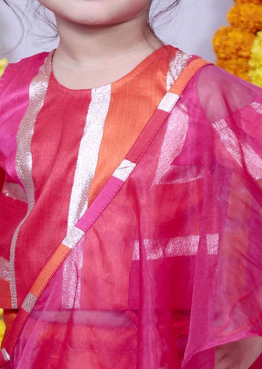 Orange Skirt With Multi Color Blouse And Pre Stitched Dupatta Online - Kalki Fashion