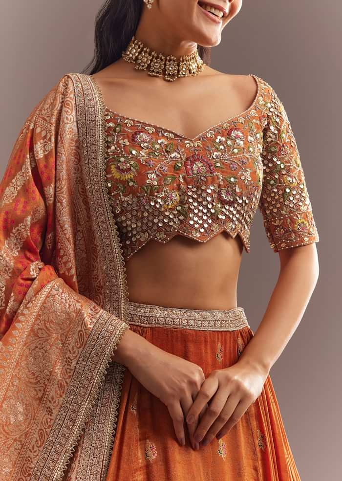 Orange Tissue Butti Embroidered Lehenga Choli And Woven Dupatta
