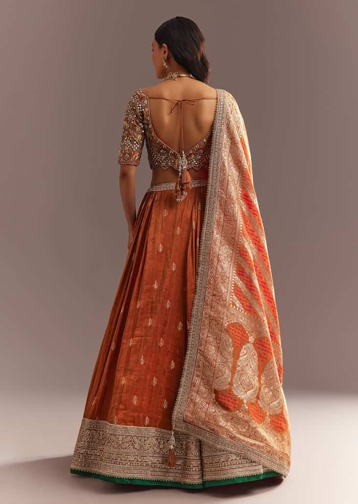 Orange Tissue Butti Embroidered Lehenga Choli And Woven Dupatta