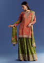 Orange Tissue Kurta Set With Zari Palazzo And Floral Dupatta