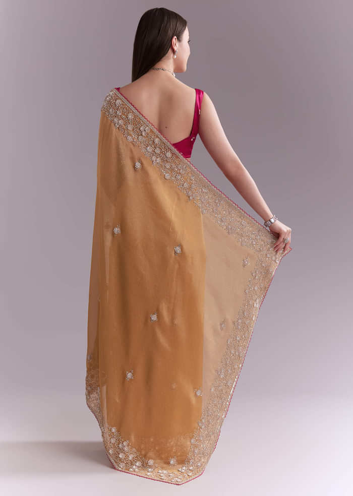 Orange Tissue Saree With Heavy Floral Embroidery
