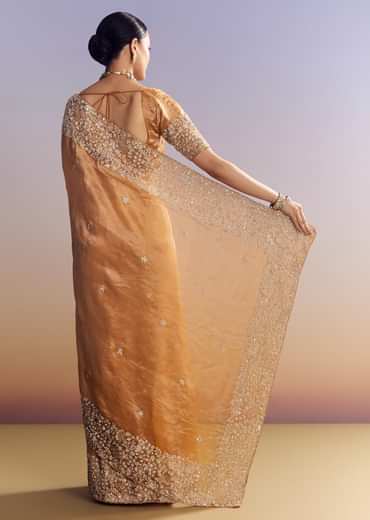 Orange Tissue Saree With Unstitched Heavy Embroidered Border