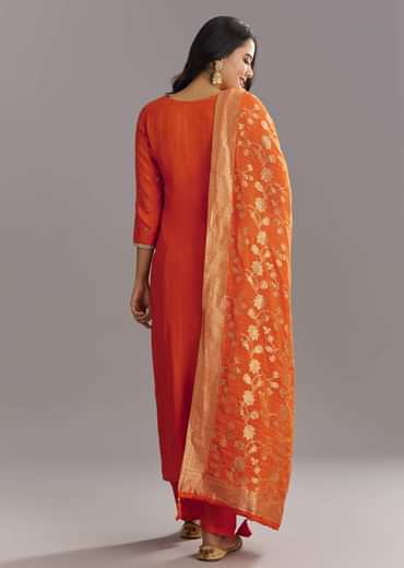 Orange Viscose Silk Kurta Set With Moti Beads and Cut Dana Detailing