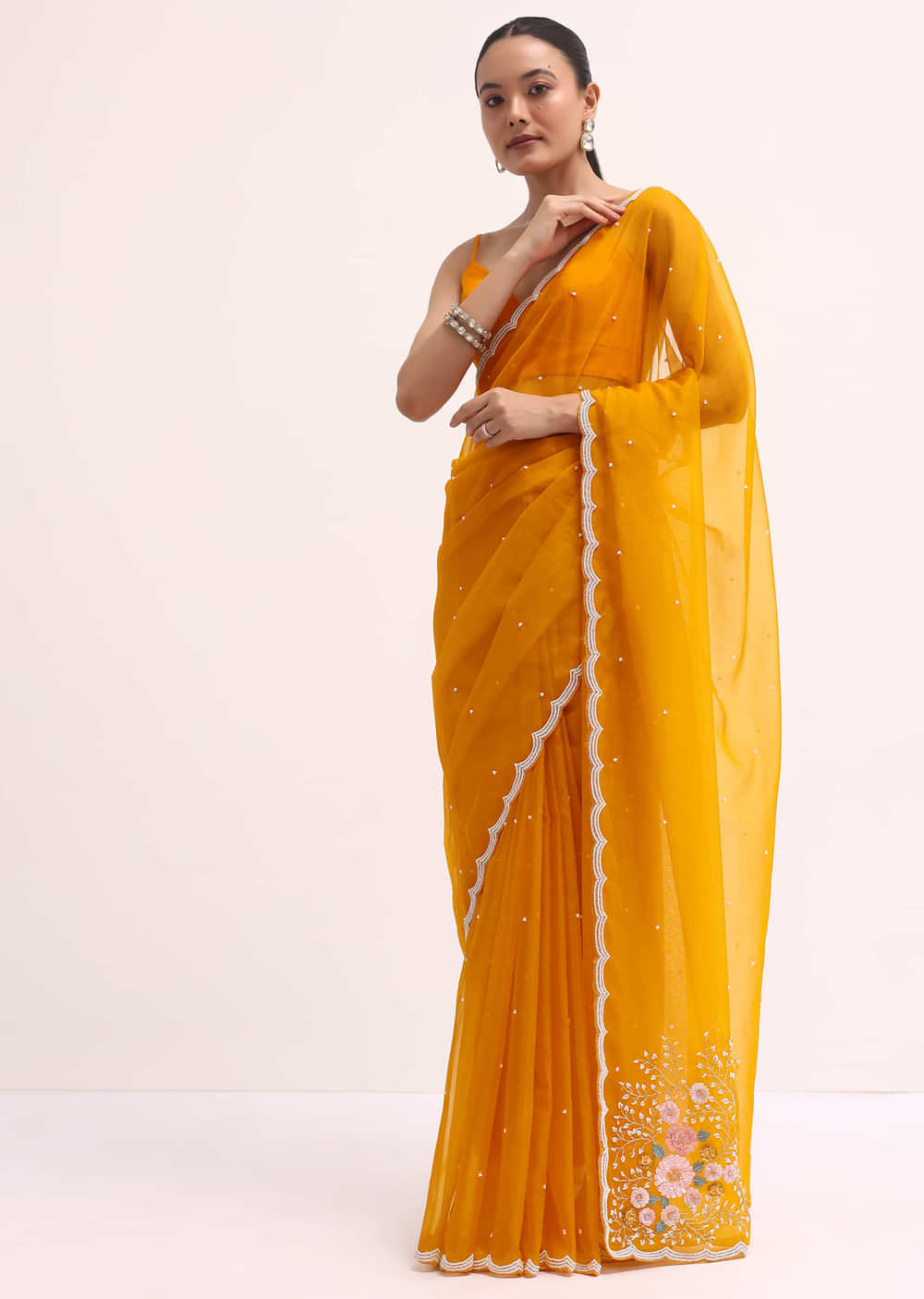 Orange 3D Sequin Organza Saree With Unstitched Blouse