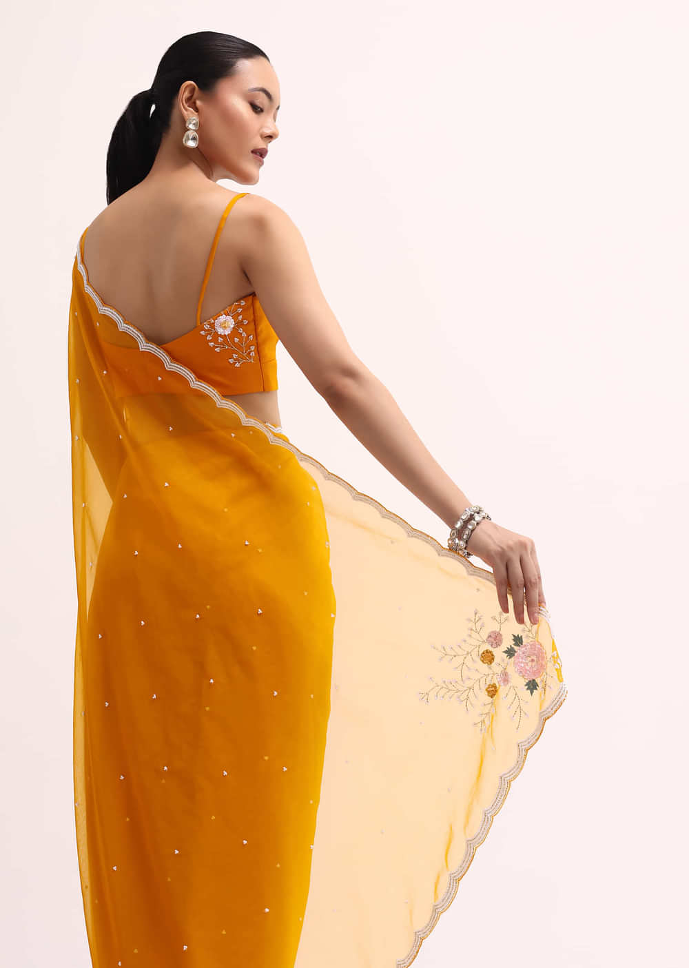Orange 3D Sequin Organza Saree With Unstitched Blouse