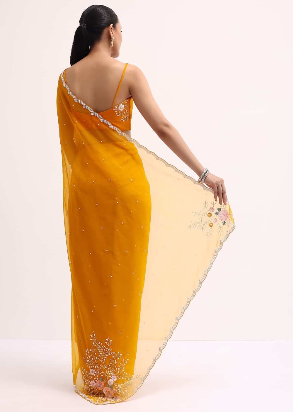 Orange 3D Sequin Organza Saree With Unstitched Blouse