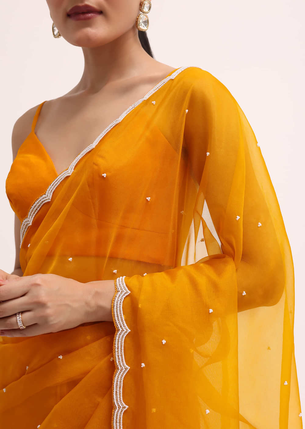 Orange 3D Sequin Organza Saree With Unstitched Blouse