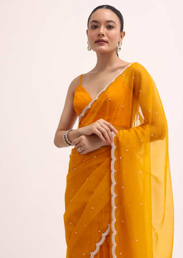 Orange 3D Sequin Organza Saree With Unstitched Blouse