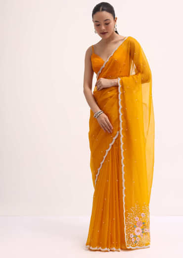 Orange 3D Sequin Organza Saree With Unstitched Blouse